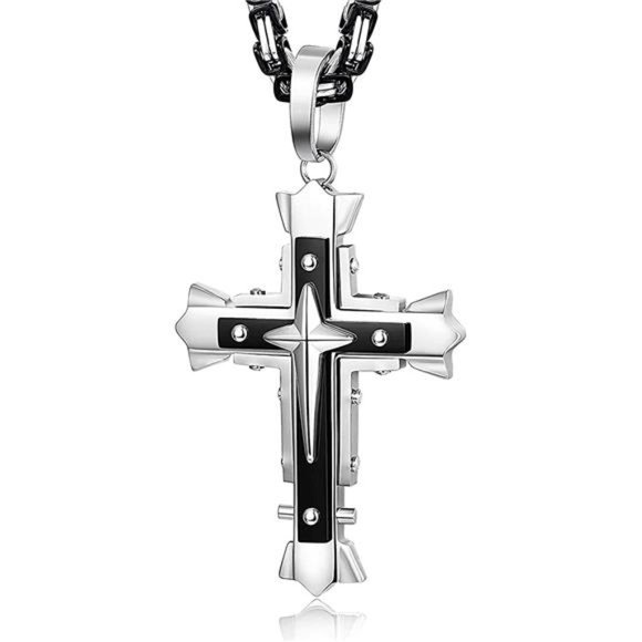 Stainless Steel Cross Pendant Necklace for Men 5MM  Chain Necklace 22-28 Inch - Picture 2 of 7
